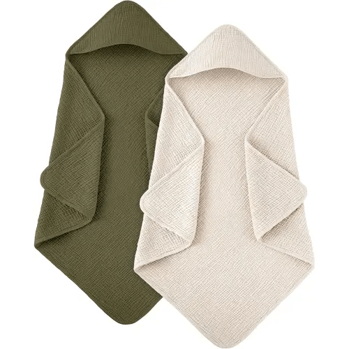 Susurration Hooded Baby Towels for Newborn 2 Pack 100% Muslin Cotton Towel for Babies，Highly Absorbent and Newborn Essential 30x30 Inch Cream&Dark Green