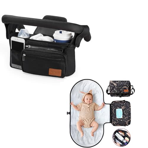 Momcozy Universal Stroller Organizer with Insulated Cup Holder &Portable Baby Diaper Changing Pad, Stylish Travel Changing Mat Bag with 4 Pockets & Adjustable Strap, Waterproof Foldable Baby Changing
