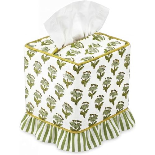Emerald Green Floral Ruffle Tissue Box Cover Block Printed