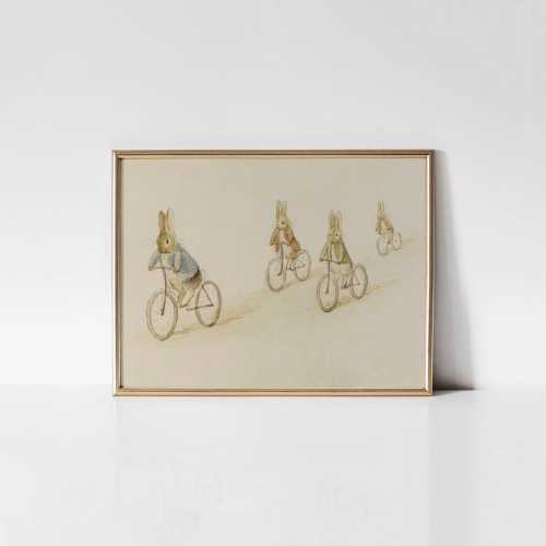Peter Rabbit, Benjamin Bunny and friends on bicycles, Vintage bunny nursery wall art, Rabbit art print, Baby shower gift.