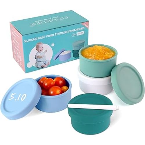 Finorder Set of 4 100% Silicone Baby Food Storage Containers of Cute Fun Colors, 5 oz Leak Proof Food Snack Containers for Infants Kids with Airtight Lids, Freezer Dishwasher Safe