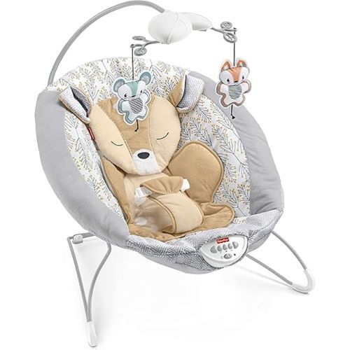 Fisher-Price Portable Baby Seat Fawn Meadows Deluxe Bouncer with Toy Mobile, Music & Vibrations for Newborns 0+ Months