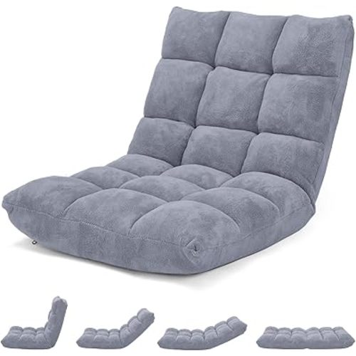 Giantex Folding Floor Chair with Back Support, 14 Adjustable Position, Padded Sleeper Bed, Couch Recliner, Gaming Floor Chairs for Adults, Meditation, Living Room (Grey)