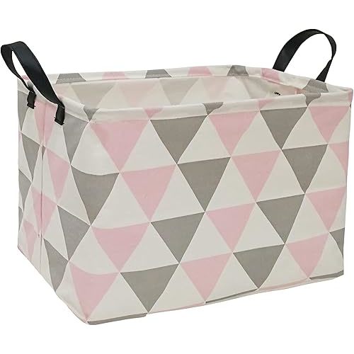 Rectangular Storage Bin Shelf Basket Canvas Fabric Toy Box,Waterproof Coating Nursery Hamper with Handles,Gift Basket for Home,Office,ClothesBooks(REC Pink gray triangle)