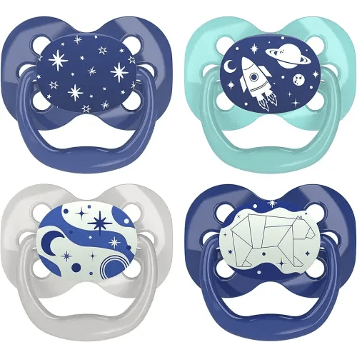 Dr. Brown's Advantage Glow-in-the-Dark Pacifier, 100% Silicone Baby Paci Symmetrical Soother, 0-6m, BPA free, Blue, 4 Pack (Styles May Vary)