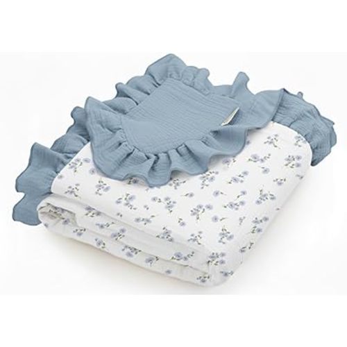 meowcards Muslin Swaddle Ruffled Blankets for Baby, Unisex Baby Boys Girls Essentials, Large 52 x 52 inches, Boho Receiving Blankets Newborn Registry Must Haves (Blue Meadow-Ruffled, Printed)