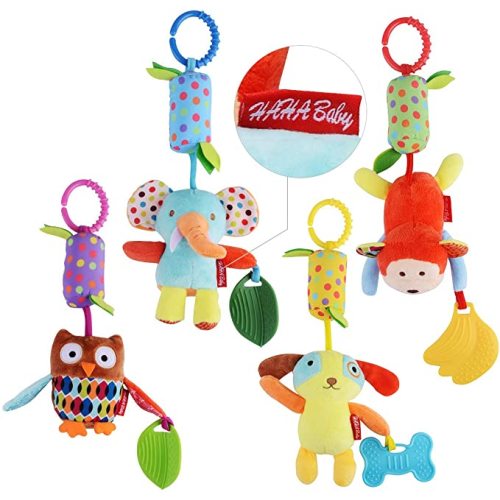 Toys for 0 3 6 9 to 12 Months, Soft Hanging Crinkle Squeaky Sensory Learning Toy Infant Newborn Stroller Car Seat Crib Travel Activity Plush Animal Wind Chime with Teether for Boys Girls