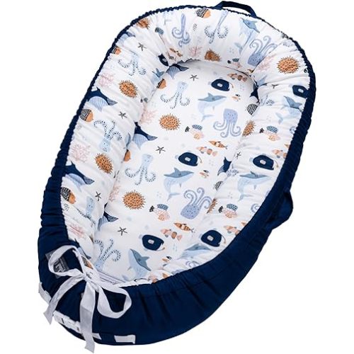 Infant Support Cushions | Baby Lounger | Organic Cotton Infant Lounger | Reversible, Adjustable & Portable Floor Lounger | Supervised Use | Soft, Breathable, Washable Cover (sea)