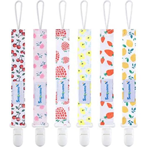 Smlpuame Pacifier Clip Girl,6 Pack Stylish Binky Clips Strap for Baby Girls,Paci Holder with Clip Lightweight Universal Fits Most Pacifiers Teether Toy Teething Ring Soothie,Baby Gift(Flower & Fruit)