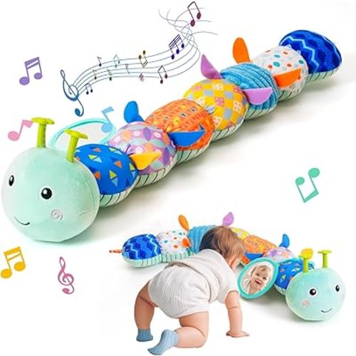 Baby Toys 0-6 Month, Musical Caterpillar Rattle, Infants Sensory Toy with Mirror Crinkle Textures, Newborn Developmental Tummy Time Stuffed Plush Animal toys for Babies Boys Girls 3-6-12 Months (Blue)