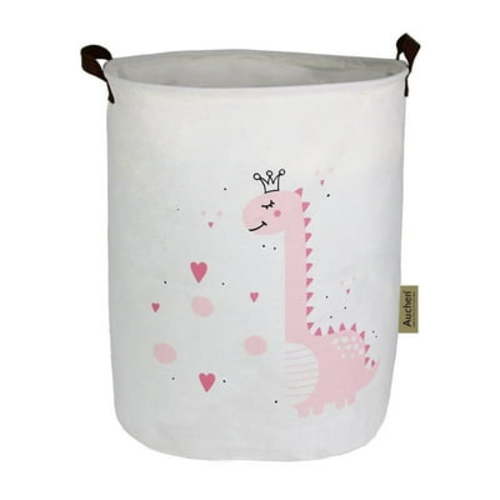 AUCHEN 19.7" Large Foldable Laundry Hamper Basket, Large Capacity Collapsible Kids Baby Laundry Hamper Organizer with Handles for Storage Clothes Toys in Bedroom, Bathroom ( Round - Pink Dinosaur )