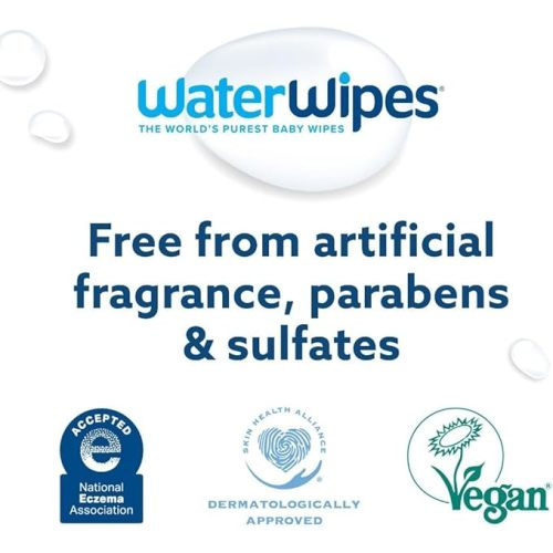 WaterWipes Plastic-Free Original-baby Wipes, 99.9% Water Based Wipes, Unscented & Hypoallergenic for Sensitive Skin, 240 Count (4 packs), Packaging May Vary - 60 Count (Pack of 4)