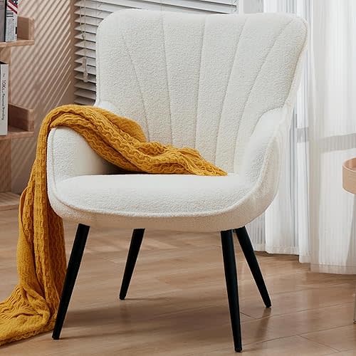 PrimeZone Teddy Fleece Accent Chair - Furry Sherpa Living Room Chair Mid Century Modern Sofa Chairs, Comfy Fuzzy Wingback Armchair for Bedroom, Office, Dining Room, White