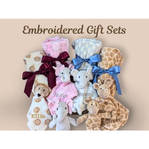 Safari Lovey Blanket Baby Shower Gift Set Personalized Comfort Toy Animal Plushie Giraffe Security Lion Plush Jungle Theme Nursery Decor