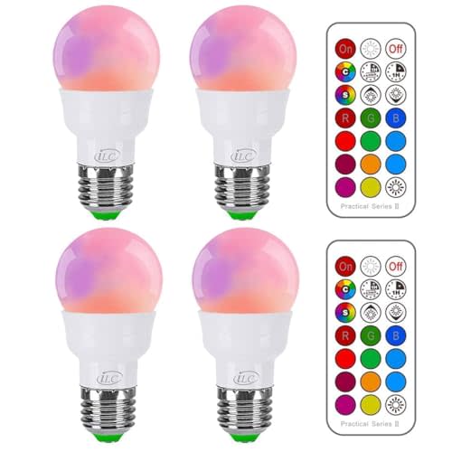 ILC RGB LED Light Bulb, Color Changing 40W Equivalent, Daylight White, 450LM Dimmable 5W E26 Screw Base RGBW, Mood Light Bulb - 12 Color Choices - Timing Infrared Remote Control Included (4 Pack)