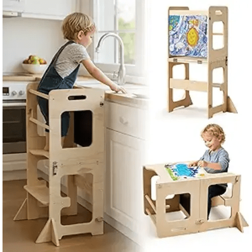 labebe Toddler Standing Tower for 12M+, Montessori Foldable Learning Standing Tower with Blackboard, Anti-tip Structure Design,Wooden Kitchen Step Helper Stool for 1-3 Year Old Boy Girl Gift