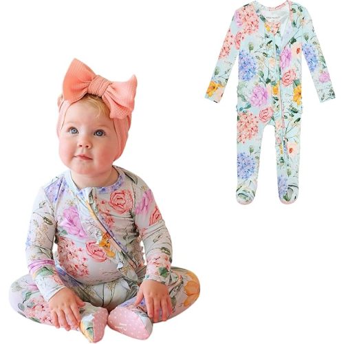 Posh Peanut Footie Pajamas for Baby Girls – Sleepers in Ultra-Soft Viscose from Bamboo with 2-Way Zipper & Ruffle Trim