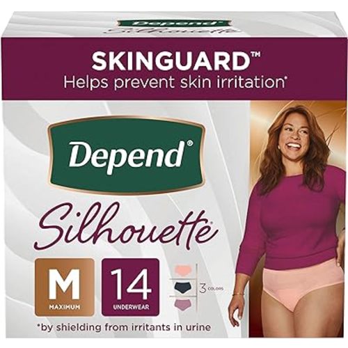 Depend Silhouette Adult Incontinence and Postpartum Underwear for Women, Medium, Maximum Absorbency, Black, Pink and Berry, 14 Count, Packaging May Vary
