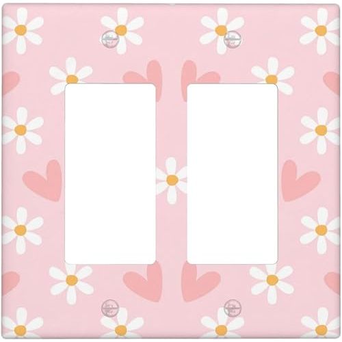 Pink Floral Daisy Heart Double Rocker Light Switch Cover Decorative Standard Size 4.5 x 4.5 Electrical Wall Plate 2 Gang Faceplate Receptacle Wallplate Accessories for Bedroom Bathroom Kitchen