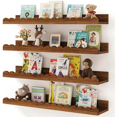 Nursery Book Shelves, 4-Pack White Floating Shelves for Wall Kids, Scalloped Shelves, Wall Book Shelves for Bedroom Kids, Toddler Room, Baby Room, Nursery Decor