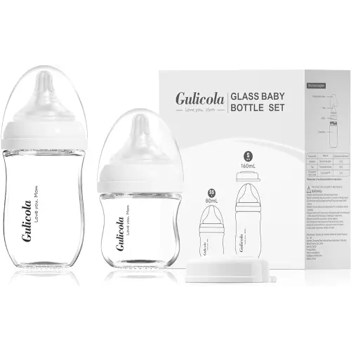 Natural Glass Baby Bottle Newborn Set, 3 oz and 5 oz with Extra Slow Flow & Slow Flow Nipple, Anti Colic, 0-3 Months, 2 Pack - White