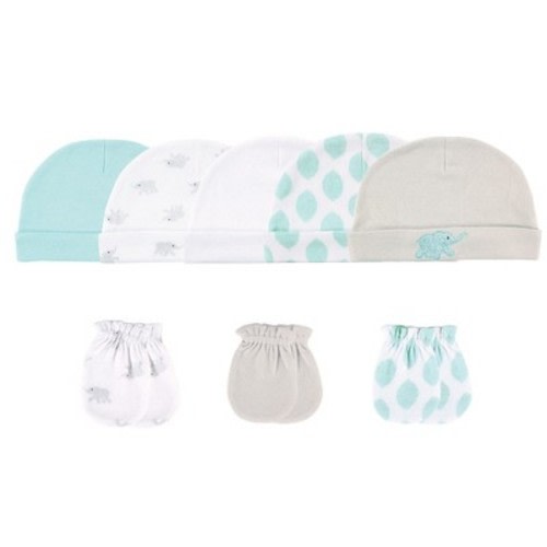 Luvable Friends Baby Cotton Caps and Scratch Mittens 8pk, Elephant, 0-6 Months