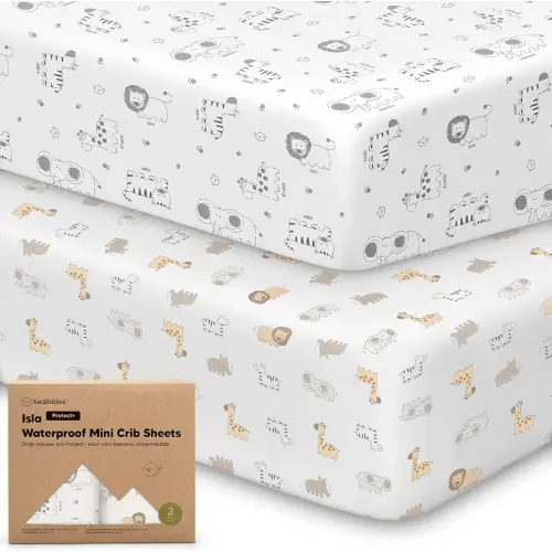 2-Pack Waterproof Pack and Play Sheets,Mini Crib Sheets Fitted for Boy,Girl-Viscose From Bamboo Pack N Play Sheets for Graco Pack and Play Mattress,Toddler Playard Baby Crib Sheets Neutral (KeaSafari)