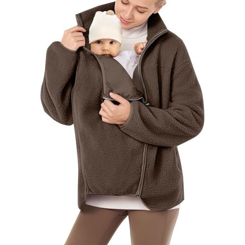 Women's Fleece Jacket with Baby Carrier Pocket, Warm Maternity Coat for Mom, Zip up 2-in-1 Baby Wearing Outerwear