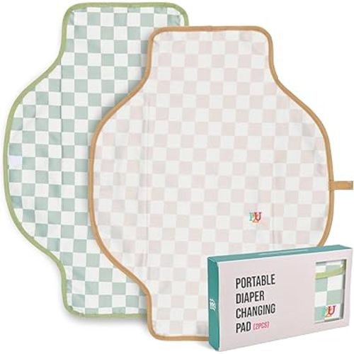 PZU 2 Pack Portable Diaper Changing Pad - Waterproof Travel Changing Mat with Built-in Pillow, Gifts for Baby Shower, Newborn Girls & Boys (Sage, Beige Checkers)