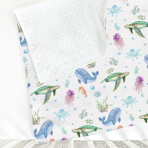 Baby Sea Animals Blanket for Girl Boy with Dotted Backing Double Layer Ocean Turtle Whale Jellyfish Sea Horse Corals Soft Swaddle Receiving Blanket for Toddler Nursery Crib Bed Blanket 30x40