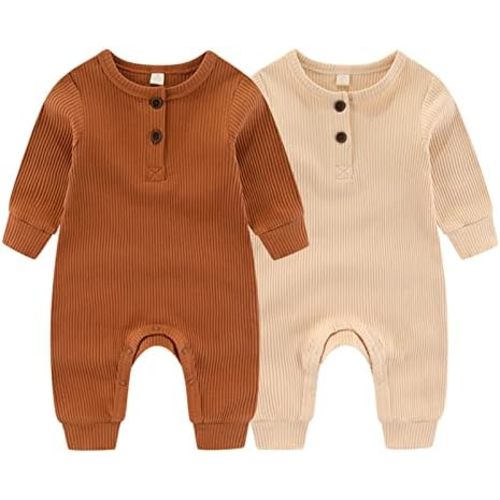 ZAV Solid Unisex Baby Boy Girl Rompers 2 Pack Long Sleeve Jumpsuits Infants Clothes Outfits