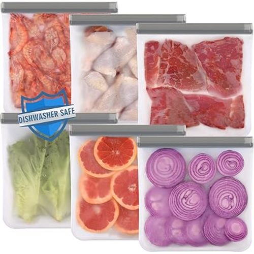 Lerine 6 Pack Reusable Gallon Freezer Bags Dishwasher Safe, BPA Free Reusable 1 Gallon Bags Silicone, Leakproof Food Storage Bags for Marinate Meats, Cereal, Vegetables, Home Organization(Grey)