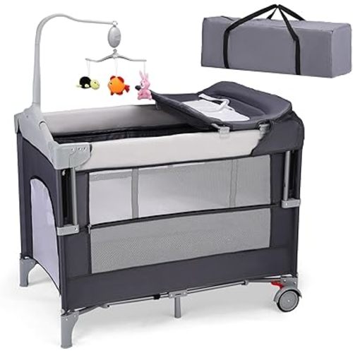 JOYMOR Pack and Play with Changing Table, 5-in-1 Portable Baby Bedside Bassinet with Storage, Travel Crib with Carry Bag, Compact Fold (Gray)