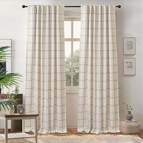 DriftAway 100% Blackout Windowpane Plaid Linen Curtains Double Layer Farmhouse Drapes 90 Inches Long for Living Room Bedroom Yarn Dyed Woven Thermal Insulated Rod Pocket Back Tab 2 Panels Navy Blue