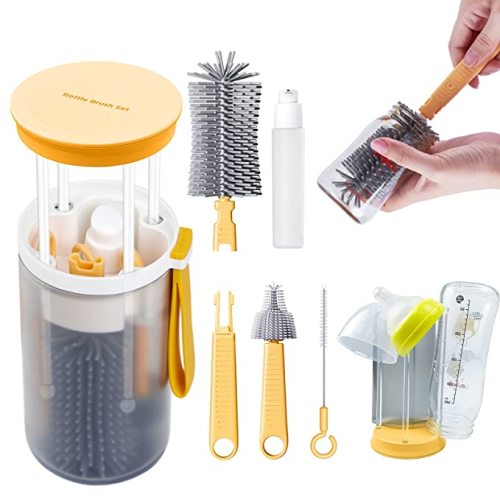 Bottle Cleaner Brush Set, Baby Travel Essential, Travel Bottle Cleaner Kit with Silicone Bottle Brush, Nipple Brush, Straw Brush, Drying Rack, Soap Dispenser, Storage Box for Home Camping Yellow