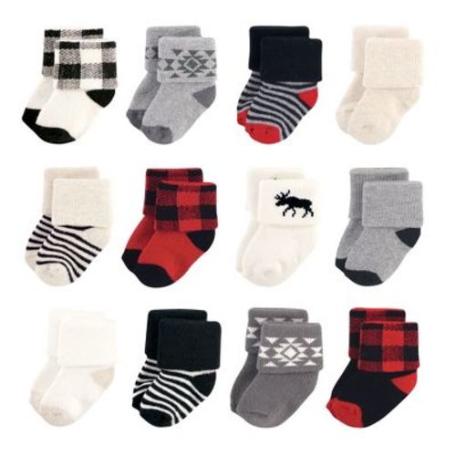 Hudson Baby Basics Infant Baby Cozy Terry Baby Sock 12-Pack, Lumberjack Moose, 0-6 Months