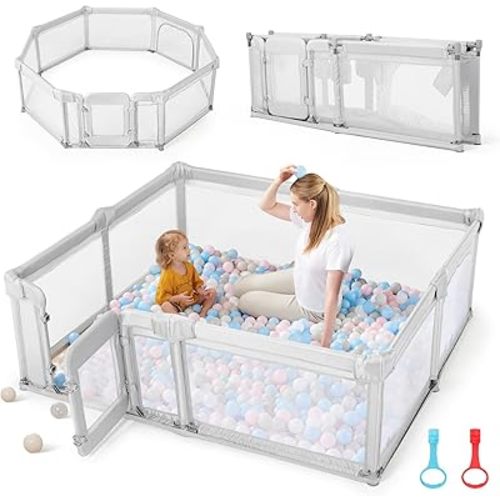 Sweeby Foldable Baby Playpen, Baby Gate Playpens for Babies and Toddlers 79x71 Extra Large Play Yard with Door Fence with Mat and Indoor Play Pen,Light Grey