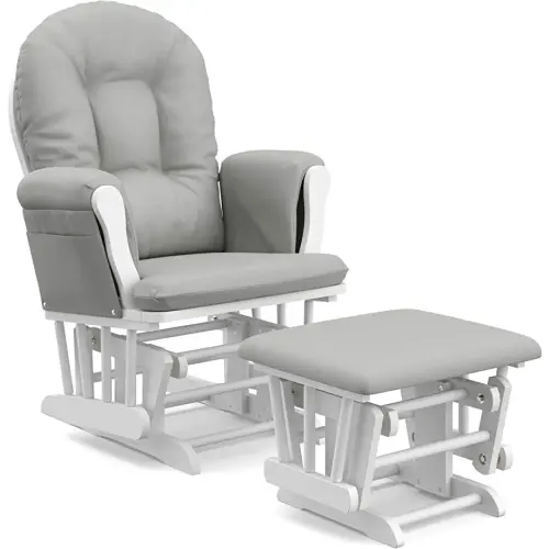 Storkcraft Premium Hoop Glider and Ottoman (White Base, Light Gray Cushion) – Padded Cushions with Storage Pocket, Smooth Rocking Motion, Easy to Assemble, Solid Hardwood Base