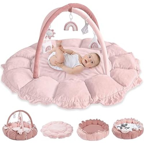 HAN-MM 5-in-1 Convertible Baby Play Gym with 6 Toys, Tummy Time Mat for Sensory Development, Baby Activity Center from Newborn to Toddler, Ball Pit, Cat & Dog Bed, Soft Plush Pet Bed, Pink