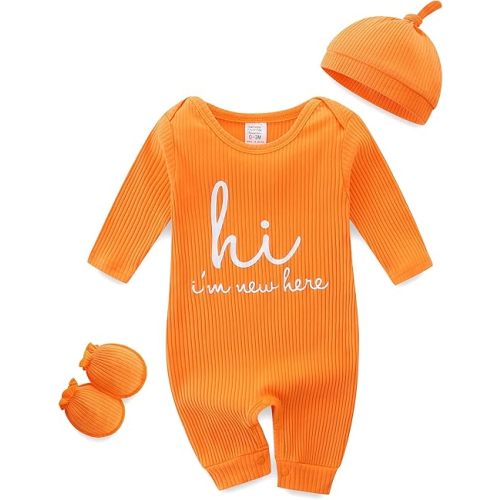 Baby Romper with Baby Mittens & Newborn Hats Footless Long Sleeve Solid Onesie Hi Im New Here