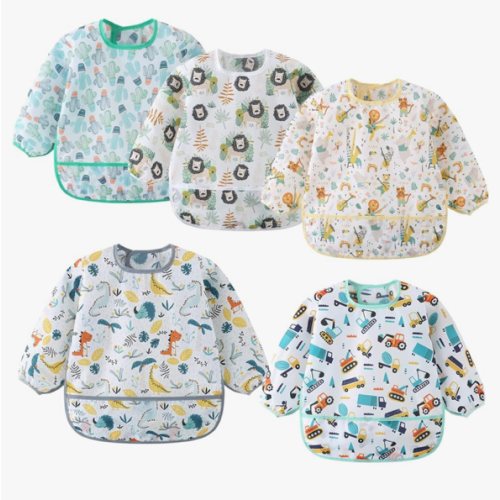 5 Pack Long Sleeve Bib,Baby Toddler Waterproof Sleeved Bib for 6-30 Months Reusable with Catch-all Pocket