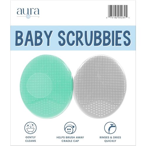 S&T INC. Cradle Cap Brush for Baby, 2 Pack, 2" x 2.5", Grey and Teal | Exfoliating and Massaging, Cleansing Brush for Baby, Silicone Bristles, Rinses Clean, Suction Cup Handle