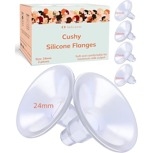 Cushy Silicone Flanges, Breast Shields - Replacement Pump Parts - for Spectra, Lansinoh, Medela Pumps - Great for Elastic Nipples - Double (2 Pack) - 21, 24, 27, 30 mm