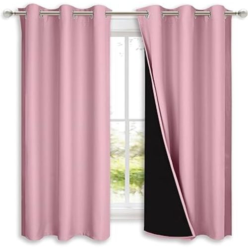 NICETOWN 100% Blackout Curtains with Black Liners, Solid Thermal Insulated Full Blackout 2-Layer Lined Drapes, Energy Efficiency Window Draperies for Bedroom (2 Panels, 42" W by 63" L, Crystal Pink)