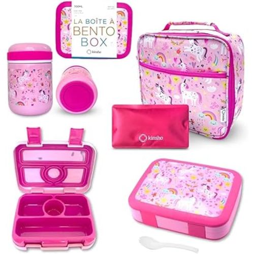 kinsho Bento Lunch Box for Kids with Thermal Food Jar for Hot Food Soup, Insulated Lunch Bag and Ice Cold Pack Set, Stainless Steel Lunch Thermal, Container Boxes with 4 Compartments, Pink Unicorn