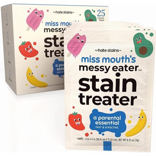 Miss Mouth's Messy Eater Stain Treater Wipes - 25 Pack Stain Remover - Newborn & Baby Essentials - No Dry Cleaning Food, Grease, Coffee Off Laundry, Underwear, Fabric - 25 wipes