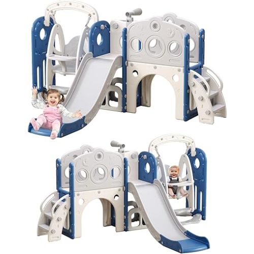 Toddler Slide, Kids Swing and Slide for Toddlers Age 1-3, Outdoor Indoor Playset for Toddlers with Basketball Hoop and Ball Playset Telescope Playground