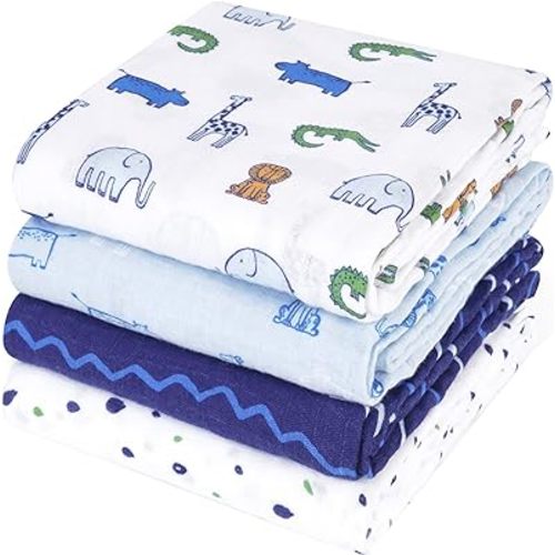 david's kids 4 Pack Baby Muslin Swaddle Blankets, 100% Cotton and Ultra Soft Breathable Receiving Blanket Wrap for Boys Girls, New Born Essentials, Large 47 x 47 inches, Animal