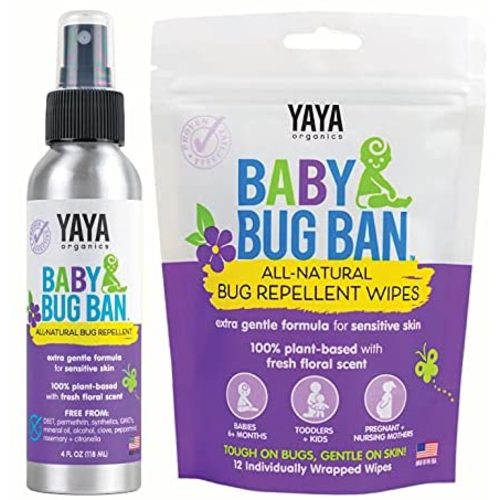 YAYA ORGANICS Baby Bug Ban Spray + Wipe Bundle - All-Natural Repellent Made with Essential Oils for Babies, Little Kids and Sensitive Skin (4 Ounce Spray + 12-Pack Wipe)