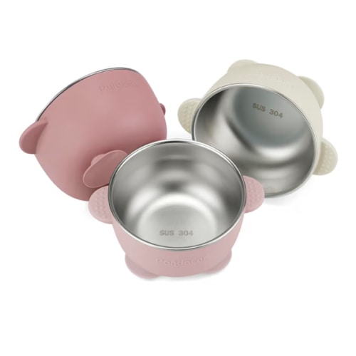 PandaEar 3 Pack Stainless Steel Baby Suction Bowls, Non-Slip Child Food Bowl with Silicone Sleeve for Kids Toddlers Infants, Unbreakable & Mess Free (Pink)